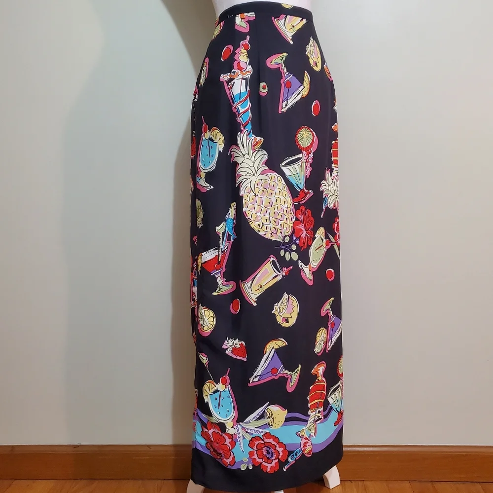 Intriguing Treads vtg 90s colorful cocktail floral fruit novelty maxi skirt 12 - Picture 2 of 10